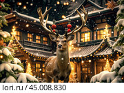 A red deer with big horns in snowy weather on the background of a Christmas tree, wooden houses and New Year's lights. Стоковое AI-изображение, AI-художник Photojuli / Фотобанк Лори
