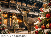 A red deer with big horns in snowy weather on the background of a Christmas tree, wooden houses and New Year's lights. Стоковое AI-изображение, AI-художник Photojuli / Фотобанк Лори