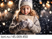 A little girl in winter clothes holding an envelope outside in snowy weather against the background of lights. A letter for Santa Claus. The winter atmosphere of a festive invitation. Стоковое AI-изображение, AI-художник Photojuli / Фотобанк Лори