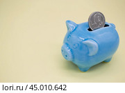 Blue ceramic piggy bank with a suspicious look and a coin of 5 CZK in the hole on a yellow background. Copy space. Стоковое фото, фотограф Юлия Ильина / Фотобанк Лори