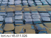 Colorful pavement on the Moscow street. Pedestrian crosswalk in the sunset. (2019 год). Стоковое фото, фотограф YuryKara / Фотобанк Лори