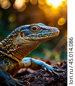 Monitor lizard (Varanidae), a family of large lizards. Fossil remains of giant (up to 10 m long) ancestral forms are known from the Pleistocene. Body length up to 3 m (Komodo monitor lizard), usually about 1 m. Стоковое AI-изображение, AI-художник Сергей Елизарьев / Фотобанк Лори