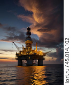 Offshore oil rig extracting oil against the backdrop of sunset. Стоковое AI-изображение, AI-художник Сергей Елизарьев / Фотобанк Лори