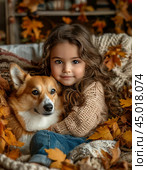 Little girl with a Pembroke Welsh Corgi. Стоковое AI-изображение, AI-художник Сергей Елизарьев / Фотобанк Лори