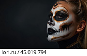 Scary Halloween makeup on a woman's face in the form of a skull, a corpse. Halloween Party. AI generated. Стоковое AI-изображение, AI-художник Ольга Симонова / Фотобанк Лори