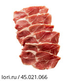 Slices of coppa, italian salted and dried pork meat, isolated on white background. Стоковое AI-изображение, AI-художник Иван Рябоконь / Фотобанк Лори