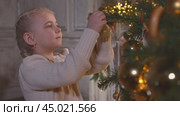 A little girl decorates a Christmas tree with toys and hangs a shiny ball on one of the branches. Маленькая девочка украшает рождественскую ель игрушками, вешает на ветку блестящий шар. Стоковое видео, видеограф Валерий Тесаков / Фотобанк Лори