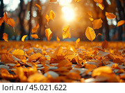 Beautiful autumn landscape with yellow trees and sun. Colorful foliage in the park. Falling leaves natural background. Стоковое AI-изображение, AI-художник Ирина Михайличенко / Фотобанк Лори