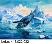 Кит на фоне айсбергов. Стоковое AI-изображение, AI-художник Николай Гернет / Фотобанк Лори