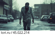 Страшный окровавленный zombie идет по пустынному городу. Стоковое AI-изображение, AI-художник Елена Зубкова / Фотобанк Лори
