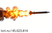 A missile launches with powerful flames and smoke against a clear background in mid-flight. Стоковое AI-изображение, AI-художник Юлия Гапеенко / Фотобанк Лори