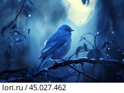 Bluebird perching on branch in blue forest. Стоковое AI-изображение, AI-художник Иван Рябоконь / Фотобанк Лори