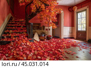 Autumn indoors, a room carpeted with fallen maple leaves. Стоковое AI-изображение, AI-художник Иван Рябоконь / Фотобанк Лори