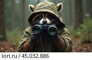 A raccoon is wearing a backpack and holding binoculars. Стоковое AI-изображение, AI-художник Виктория Кольцова / Фотобанк Лори
