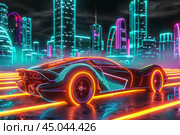 Futuristic sports car speeding through neon cityscape at night. Стоковое AI-изображение, AI-художник Иван Рябоконь / Фотобанк Лори