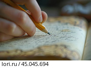 Writer using pencil putting thoughts on paper journaling. Стоковое AI-изображение, AI-художник Иван Рябоконь / Фотобанк Лори