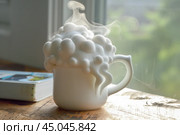 White mug overflowing with sudsy soap forming cloud shapes by window. Стоковое AI-изображение, AI-художник Иван Рябоконь / Фотобанк Лори