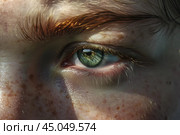 Young person with freckles is showing a green eye with dilated pupil. Стоковое AI-изображение, AI-художник Иван Рябоконь / Фотобанк Лори