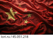 Red flag with yellow stars flowing in the wind. Стоковое AI-изображение, AI-художник Иван Рябоконь / Фотобанк Лори