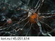 Neuron transmitting signals with axon and dendrites in the brain. Стоковое AI-изображение, AI-художник Иван Рябоконь / Фотобанк Лори