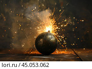 Round bomb exploding with sparks flying on wooden surface. Стоковое AI-изображение, AI-художник Иван Рябоконь / Фотобанк Лори