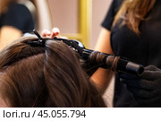 Hair salon, barber woman curling hair with iron for brunette in barber shop, close-up. Hairdresser make curly hairstyle for customer client in hair salon. Haircare, hairdo concept. Copy ad text space. Стоковое фото, фотограф Aleksandr Golubev / Фотобанк Лори