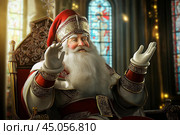 Happy Saint Nicholas Day. St.Nicolas holding gift. Winter holiday. Стоковое AI-изображение, AI-художник Ирина Ручушкина / Фотобанк Лори