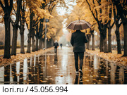 Rainy autumn weather. A man under an umbrella walks along an autumn alley in the park. Стоковое AI-изображение, AI-художник Photojuli / Фотобанк Лори