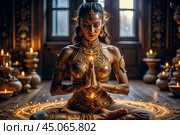 The concept of esoteric spiritual meditation, a woman in the lotus position. Human meditation, spirituality and chakra activation, mystical spirit. Стоковое AI-изображение, AI-художник Photojuli / Фотобанк Лори