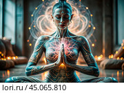 The concept of esoteric spiritual meditation, a woman in the lotus position. Human meditation, spirituality and chakra activation, mystical spirit. Стоковое AI-изображение, AI-художник Photojuli / Фотобанк Лори