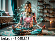 The concept of esoteric spiritual meditation, a woman in the lotus position. Human meditation, spirituality and chakra activation, mystical spirit. Стоковое AI-изображение, AI-художник Photojuli / Фотобанк Лори