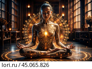 The concept of esoteric spiritual meditation, a woman in the lotus position. Human meditation, spirituality and chakra activation, mystical spirit. Стоковое AI-изображение, AI-художник Photojuli / Фотобанк Лори