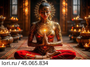 The concept of esoteric spiritual meditation, a woman in the lotus position. Human meditation, spirituality and chakra activation, mystical spirit. Стоковое AI-изображение, AI-художник Photojuli / Фотобанк Лори