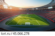 Expert soccer field illuminated by stadium lights during sunset time. Стоковое AI-изображение, AI-художник Юрий Поздников / Фотобанк Лори
