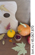 Vertical video of autumn palette with warm colors of fallen maple leaves, ripe red cranberries and orange pumpkins on wooden table. Autumn rustic still life. Стоковое видео, видеограф Виктория Катьянова / Фотобанк Лори
