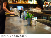 Fresh mint julep cocktail sitting on bar with bartender working in background. Стоковое AI-изображение, AI-художник Иван Рябоконь / Фотобанк Лори