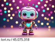 Cartoon robot with a heart on his chest, on a glowing background. Стоковое AI-изображение, AI-художник Дарья Трофимова / Фотобанк Лори