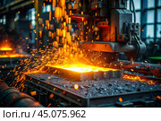 Hard work. Factory, industry, metallurgy. Casting of liquid steel from a ladle during the casting process in a foundry. Metal production. Стоковое AI-изображение, AI-художник Photojuli / Фотобанк Лори