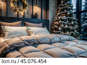 Preparing for the cold winter season, housekeeping, hotel or home textiles. A folded duvet is lying on the made-up bed. Стоковое AI-изображение, AI-художник Photojuli / Фотобанк Лори