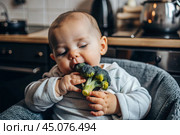 Healthy baby food. The first meal. Feeding the baby. A cute kid tastes broccoli. Fresh vegetables and fruits. Стоковое AI-изображение, AI-художник Photojuli / Фотобанк Лори