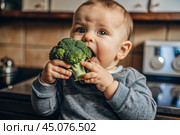 Healthy baby food. The first meal. Feeding the baby. A cute kid tastes broccoli. Fresh vegetables and fruits. Стоковое AI-изображение, AI-художник Photojuli / Фотобанк Лори