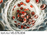 Healthcare and medicine. Red blood cells in the veins. Blood Test Cardiovascular health. Стоковое AI-изображение, AI-художник Photojuli / Фотобанк Лори