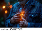 Heart attack, old man with chest pain, myocardial infarction. Стоковое AI-изображение, AI-художник Станислав Тарко / Фотобанк Лори