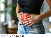 Stomach ulcer, woman with abdominal pain suffering on a gray background, symptoms of gastritis, diseases of the digestive system. Стоковое AI-изображение, AI-художник Станислав Тарко / Фотобанк Лори