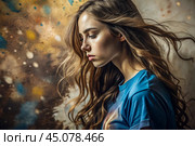 Portrait of a beautiful, young girl with a thoughtful look. The hair develops and creates a feeling of lightness and naturalness. Стоковое AI-изображение, AI-художник Photojuli / Фотобанк Лори