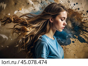 Portrait of a beautiful, young girl with a thoughtful look. The hair develops and creates a feeling of lightness and naturalness. Стоковое AI-изображение, AI-художник Photojuli / Фотобанк Лори