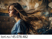 Portrait of a beautiful, young girl with a thoughtful look. The hair develops and creates a feeling of lightness and naturalness. Стоковое AI-изображение, AI-художник Photojuli / Фотобанк Лори