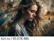 Portrait of a beautiful, young girl with a thoughtful look. The hair develops and creates a feeling of lightness and naturalness. Стоковое AI-изображение, AI-художник Photojuli / Фотобанк Лори