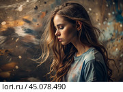 Portrait of a beautiful, young girl with a thoughtful look. The hair develops and creates a feeling of lightness and naturalness. Стоковое AI-изображение, AI-художник Photojuli / Фотобанк Лори