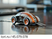 Retrofuturistic computer mouse sitting on desk reflecting in surface. Стоковое AI-изображение, AI-художник Иван Рябоконь / Фотобанк Лори